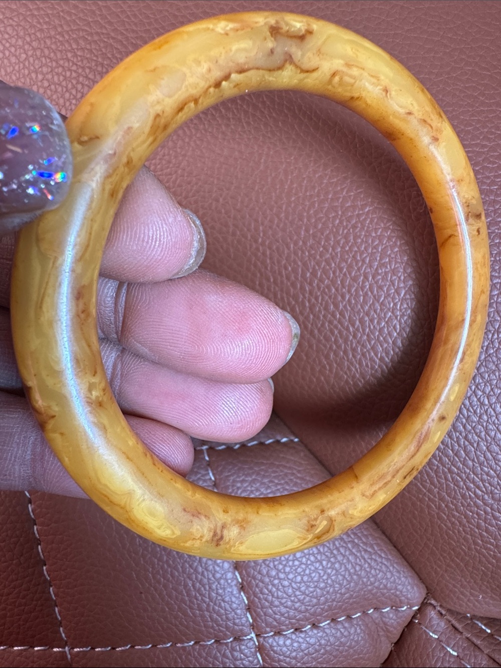 Yellow Marbled Egg Yolk Bakelite Bangle - Picture 9 of 13